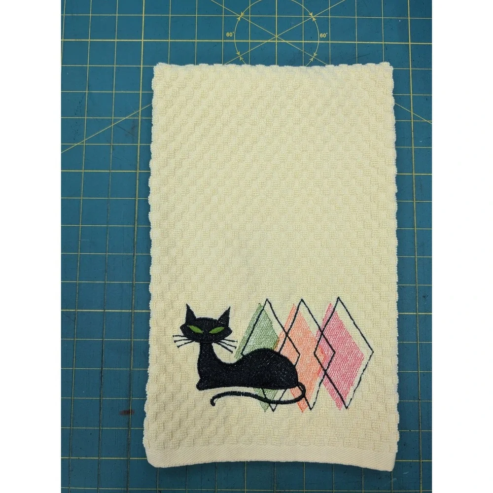 Retro Mid Century Modern Embroidered Atomic Cat Kitchen Bar Hand Towel